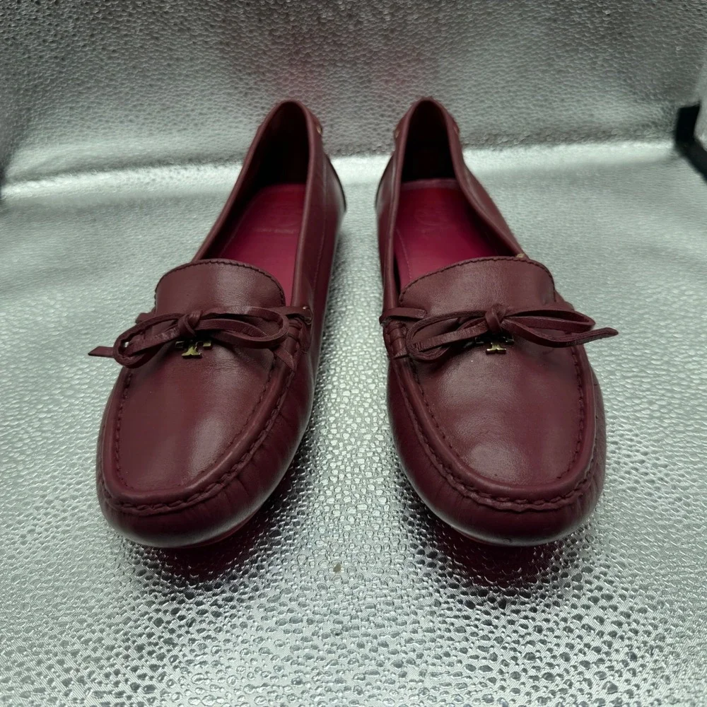 Size 8.5 Tory Burch Driving Loafers Womens Burgundy Excellent Leather Bow Logo